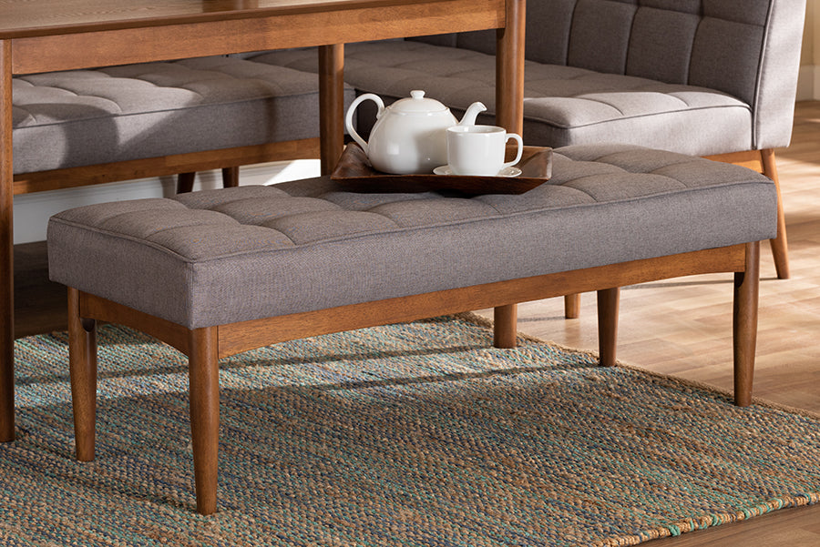Baxton Studio Sanford Mid-Century Modern Grey Fabric Upholstered and Walnut Brown Finished Wood Dining Bench | Modishstore | Stools & Benches