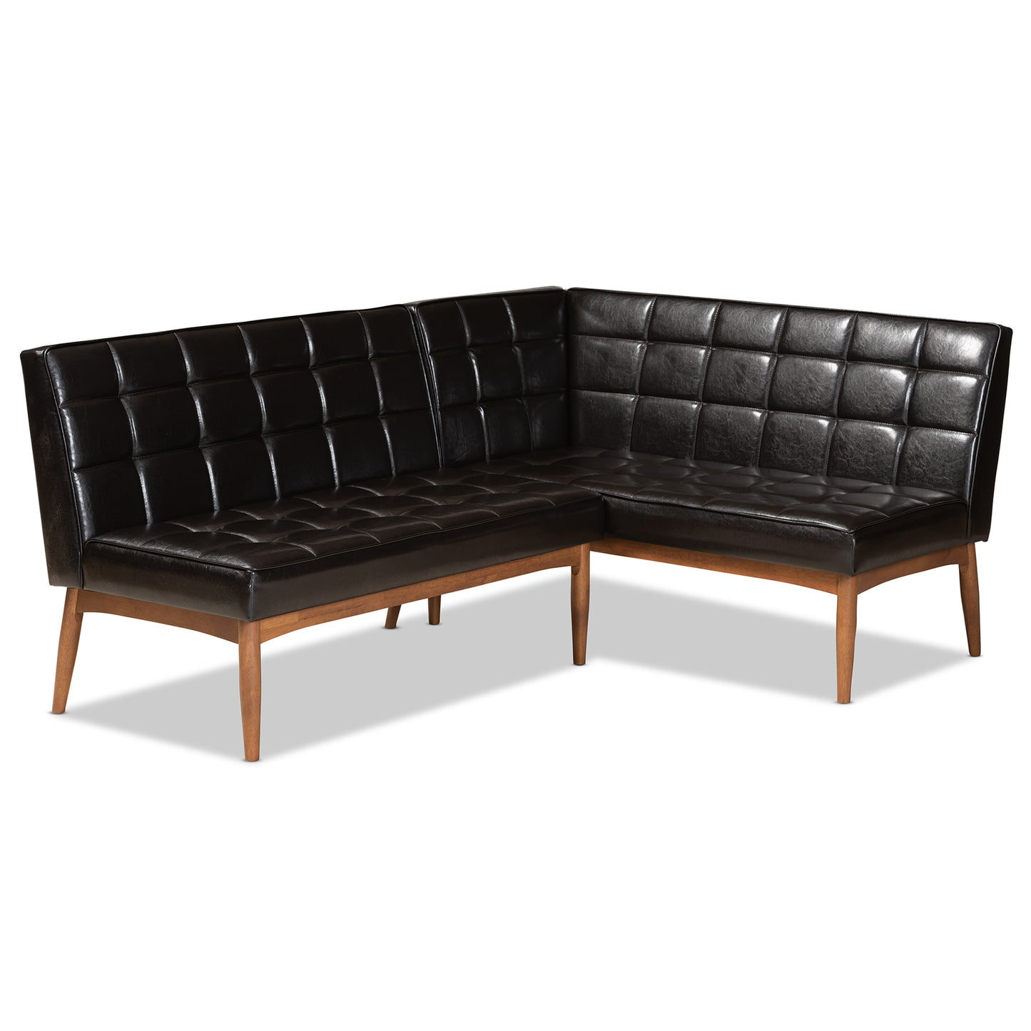 Baxton Studio Sanford Mid-Century Modern Dark Brown Faux Leather Upholstered and Walnut Brown Finished Wood 2-Piece Dining Nook Banquette Set | Dining Sets | Modishstore - 2
