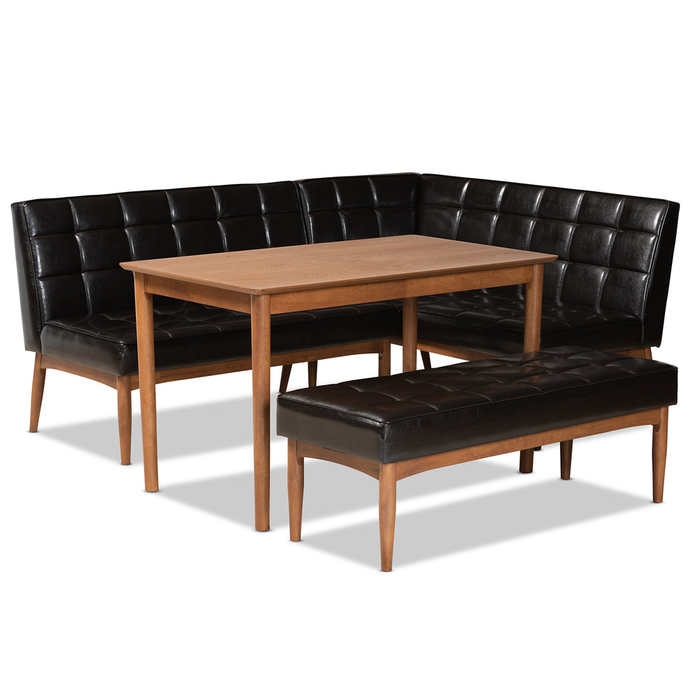 Baxton Studio Sanford Mid-Century Modern Dark Brown Faux Leather Upholstered and Walnut Brown Finished Wood 4-Piece Dining Nook Set | Dining Sets | Modishstore - 4