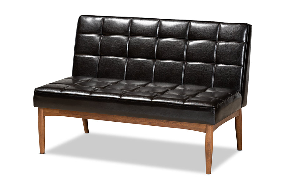 Baxton Studio Sanford Mid-Century Modern Dark Brown Faux Leather Upholstered and Walnut Brown Finished Wood 2-Piece Dining Nook Banquette Set | Dining Sets | Modishstore - 6