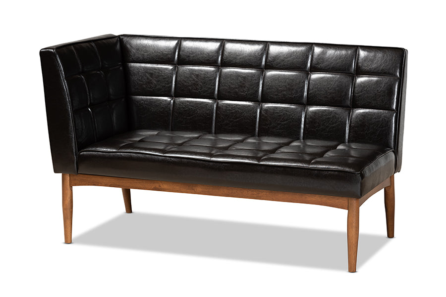 Baxton Studio Sanford Mid-Century Modern Dark Brown Faux Leather Upholstered and Walnut Brown Finished Wood 2-Piece Dining Nook Banquette Set | Dining Sets | Modishstore - 4