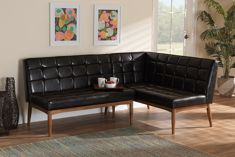 Baxton Studio Sanford Mid-Century Modern Dark Brown Faux Leather Upholstered and Walnut Brown Finished Wood 2-Piece Dining Nook Banquette Set | Dining Sets | Modishstore