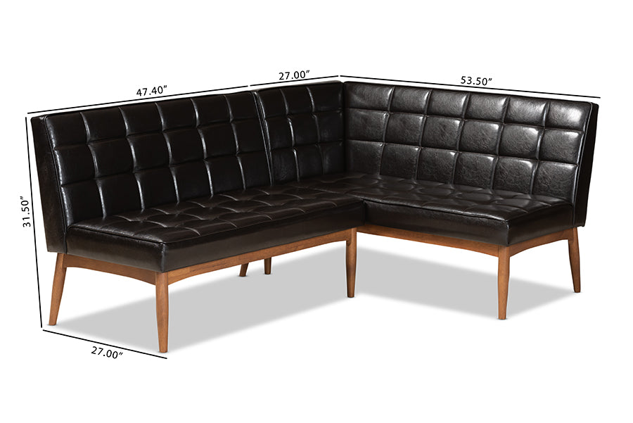 Baxton Studio Sanford Mid-Century Modern Dark Brown Faux Leather Upholstered and Walnut Brown Finished Wood 2-Piece Dining Nook Banquette Set | Dining Sets | Modishstore - 3