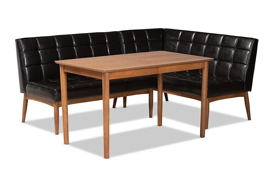 baxton studio sanford mid century modern dark brown faux leather upholstered and walnut brown finished wood 3 piece dining nook set | Modish Furniture Store-2