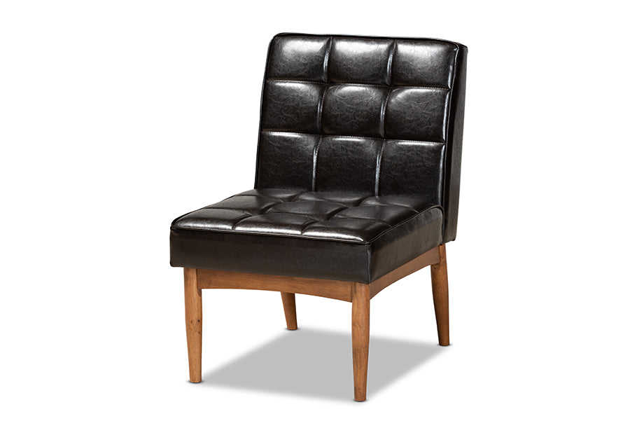 Baxton Studio Sanford Mid-Century Modern Dark Brown Faux Leather Upholstered and Walnut Brown Finished Wood Dining Chair | Modishstore | Dining Chairs - 4