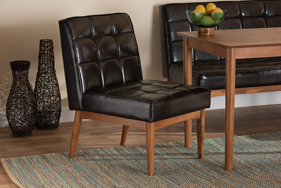 Baxton Studio Sanford Mid-Century Modern Dark Brown Faux Leather Upholstered and Walnut Brown Finished Wood Dining Chair | Modishstore | Dining Chairs