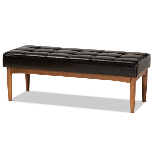 Baxton Studio Sanford Mid-Century Modern Dark Brown Faux Leather Upholstered and Walnut Brown Finished Wood Dining Bench | Dining Sets | Modishstore