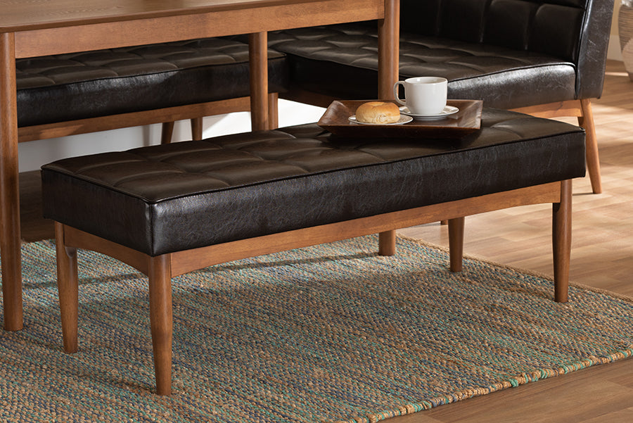 Baxton Studio Sanford Mid-Century Modern Dark Brown Faux Leather Upholstered and Walnut Brown Finished Wood 4-Piece Dining Nook Set | Dining Sets | Modishstore