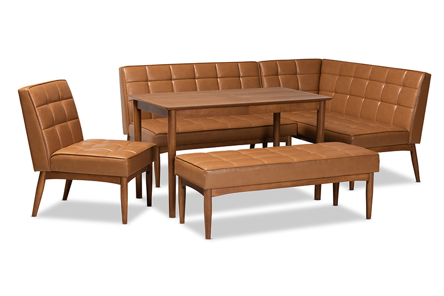 baxton studio sanford mid century modern tan faux leather upholstered and walnut brown finished wood 5 piece dining nook set | Modish Furniture Store-2