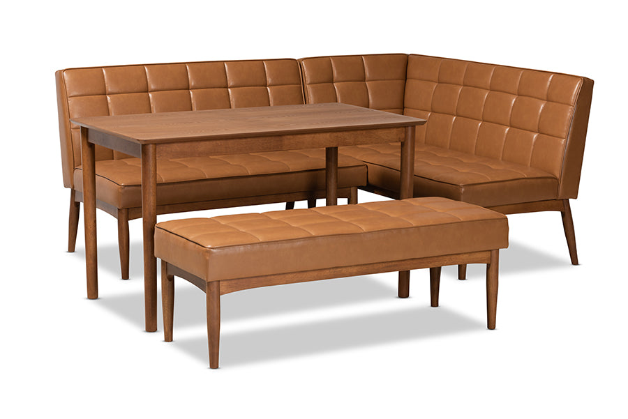 baxton studio sanford mid century modern tan faux leather upholstered and walnut brown finished wood 4 piece dining nook set | Modish Furniture Store-2