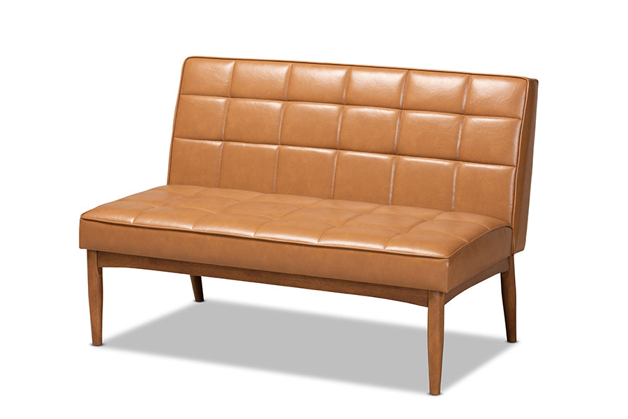 Baxton Studio Sanford Mid-Century Modern Tan Faux Leather Upholstered and Walnut Brown Finished Wood 2-Piece Dining Nook Banquette Set | Dining Sets | Modishstore - 6