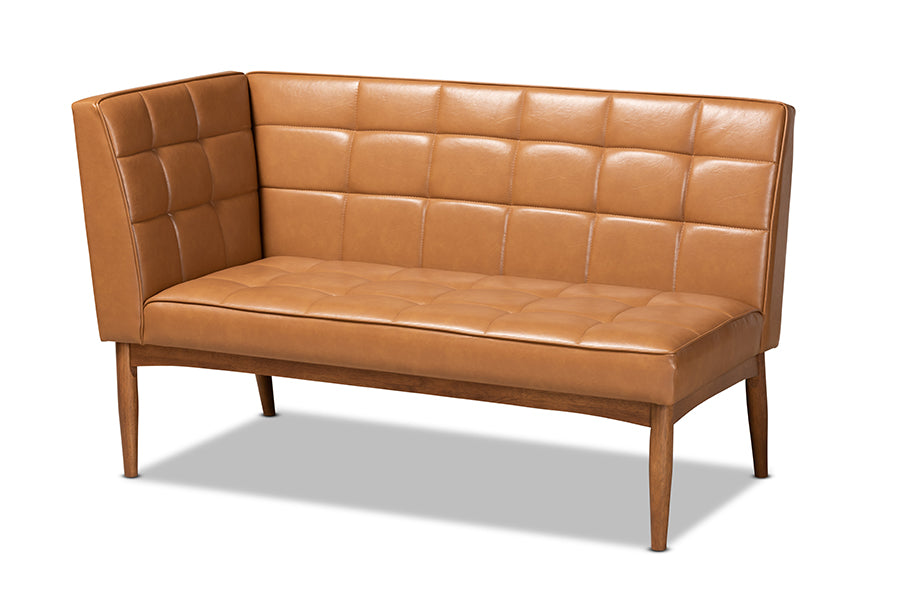 Baxton Studio Sanford Mid-Century Modern Tan Faux Leather Upholstered and Walnut Brown Finished Wood 2-Piece Dining Nook Banquette Set | Dining Sets | Modishstore - 5