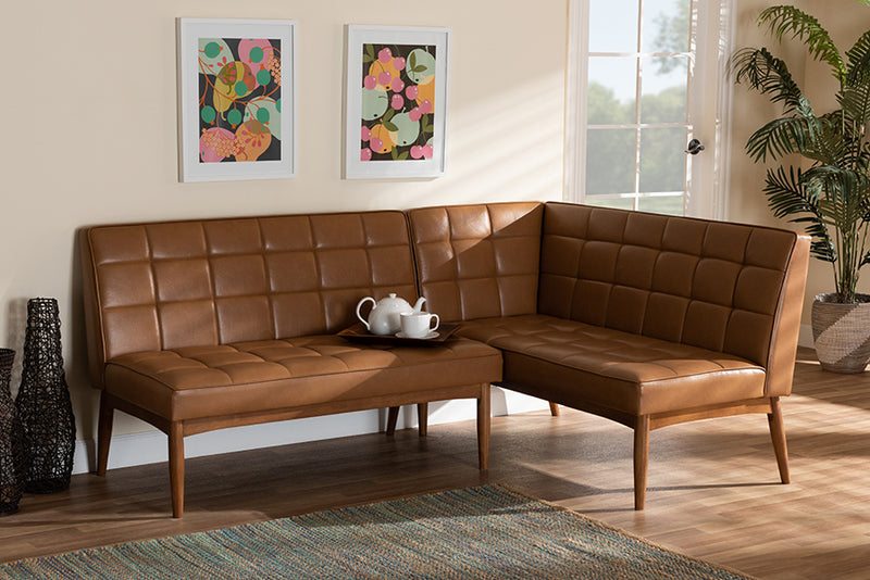 Baxton Studio Sanford Mid-Century Modern Tan Faux Leather Upholstered and Walnut Brown Finished Wood 2-Piece Dining Nook Banquette Set | Dining Sets | Modishstore