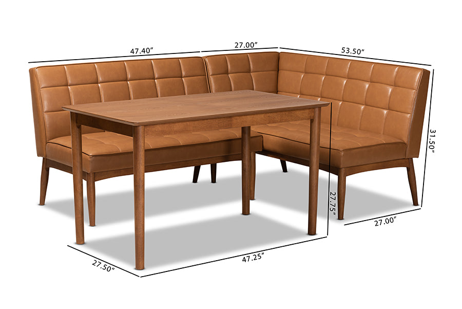 Baxton Studio Sanford Mid-Century Modern Tan Faux Leather Upholstered and Walnut Brown Finished Wood 3-Piece Dining Nook Set | Dining Sets | Modishstore - 3