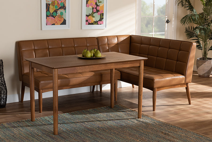 Baxton Studio Sanford Mid-Century Modern Tan Faux Leather Upholstered and Walnut Brown Finished Wood 3-Piece Dining Nook Set | Dining Sets | Modishstore