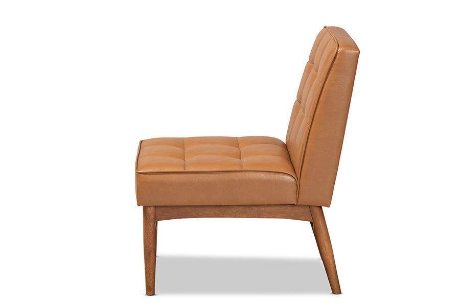 Baxton Studio Sanford Mid-Century Modern Tan Faux Leather Upholstered and Walnut Brown Finished Wood Dining Chair | Modishstore | Dining Chairs - 2