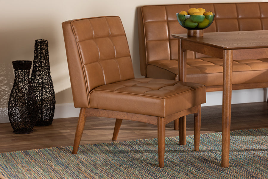 Baxton Studio Sanford Mid-Century Modern Tan Faux Leather Upholstered and Walnut Brown Finished Wood Dining Chair | Modishstore | Dining Chairs