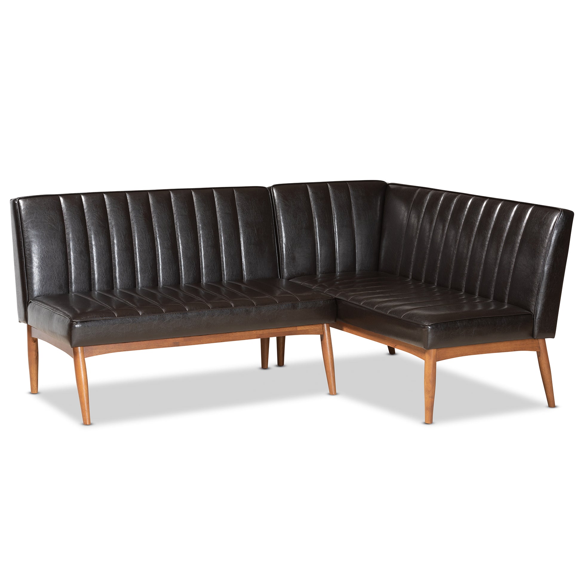 Baxton Studio Daymond Mid-Century Modern Dark Brown Faux Leather Upholstered and Walnut Brown Finished Wood 2-Piece Dining Nook Banquette Set | Dining Sets | Modishstore - 2