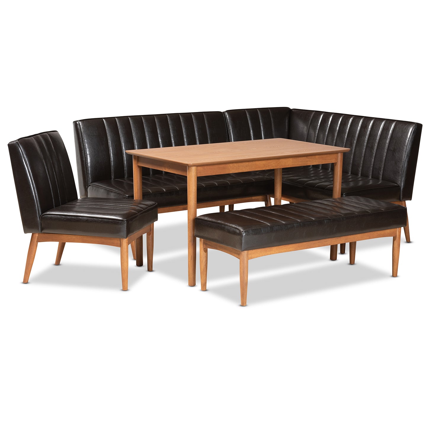 Baxton Studio Daymond Mid-Century Modern Dark Brown Faux Leather Upholstered and Walnut Brown Finished Wood 5-Piece Dining Nook Set | Dining Sets | Modishstore - 2