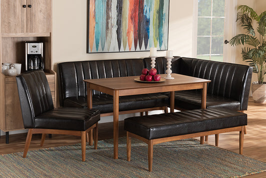 Baxton Studio Daymond Mid-Century Modern Dark Brown Faux Leather Upholstered and Walnut Brown Finished Wood 5-Piece Dining Nook Set | Dining Sets | Modishstore