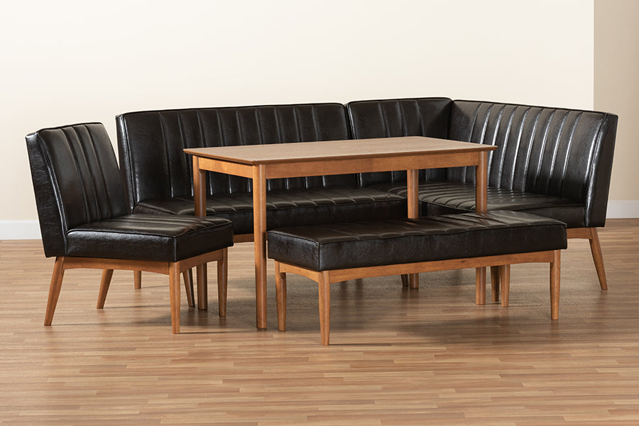 Baxton Studio Daymond Mid-Century Modern Dark Brown Faux Leather Upholstered and Walnut Brown Finished Wood 5-Piece Dining Nook Set | Dining Sets | Modishstore - 3