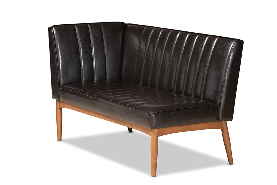 Baxton Studio Daymond Mid-Century Modern Dark Brown Faux Leather Upholstered and Walnut Brown Finished Wood 5-Piece Dining Nook Set | Dining Sets | Modishstore - 6