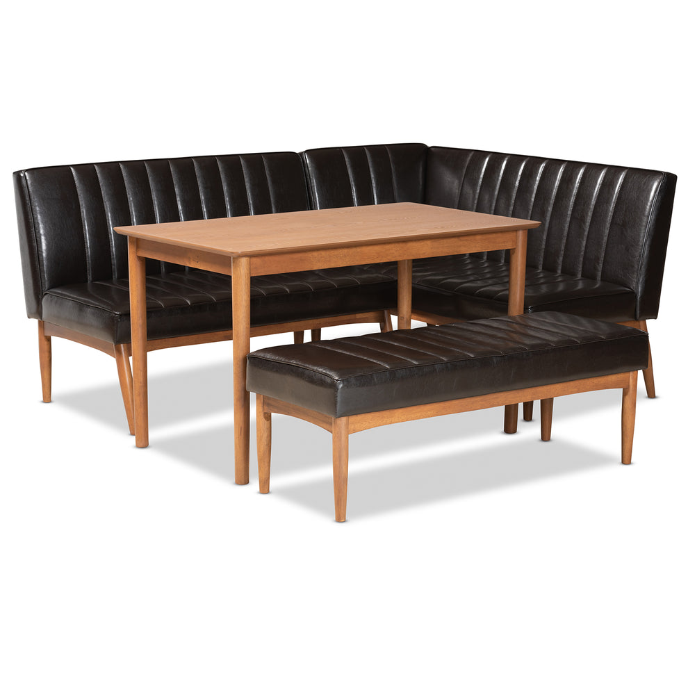 Baxton Studio Daymond Mid-Century Modern Dark Brown Faux Leather Upholstered and Walnut Brown Finished Wood 4-Piece Dining Nook Set | Dining Sets | Modishstore - 2