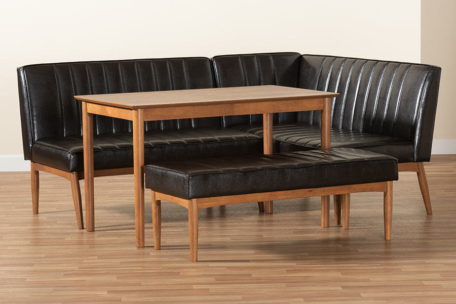 Baxton Studio Daymond Mid-Century Modern Dark Brown Faux Leather Upholstered and Walnut Brown Finished Wood 4-Piece Dining Nook Set | Dining Sets | Modishstore - 3