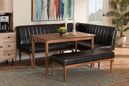 Baxton Studio Daymond Mid-Century Modern Dark Brown Faux Leather Upholstered and Walnut Brown Finished Wood 4-Piece Dining Nook Set | Dining Sets | Modishstore