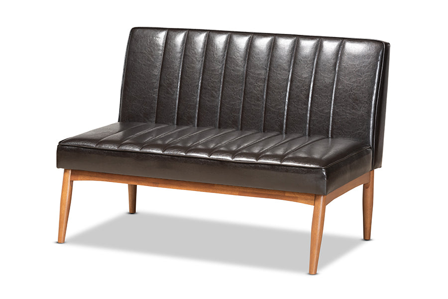 Baxton Studio Daymond Mid-Century Modern Dark Brown Faux Leather Upholstered and Walnut Brown Finished Wood 2-Piece Dining Nook Banquette Set | Dining Sets | Modishstore - 6