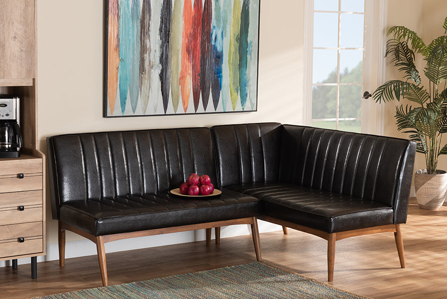 Baxton Studio Daymond Mid-Century Modern Dark Brown Faux Leather Upholstered and Walnut Brown Finished Wood 2-Piece Dining Nook Banquette Set | Dining Sets | Modishstore
