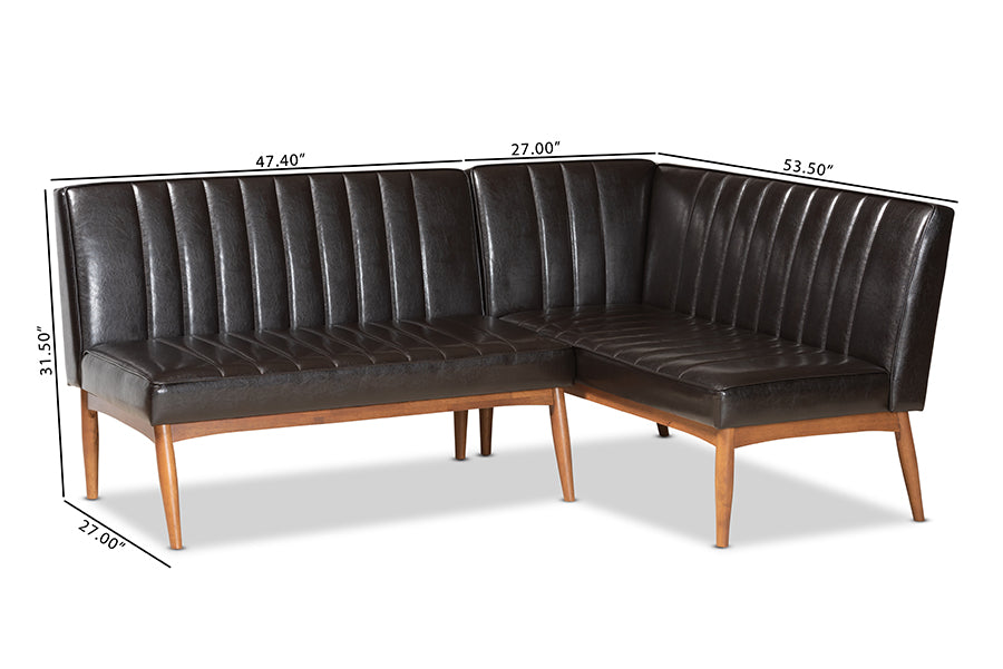 Baxton Studio Daymond Mid-Century Modern Dark Brown Faux Leather Upholstered and Walnut Brown Finished Wood 2-Piece Dining Nook Banquette Set | Dining Sets | Modishstore - 7