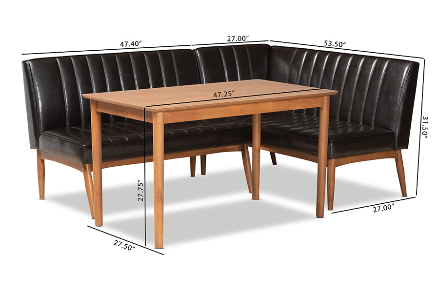 Baxton Studio Daymond Mid-Century Modern Dark Brown Faux Leather Upholstered and Walnut Brown Finished Wood 3-Piece Dining Nook Set | Dining Sets | Modishstore - 3