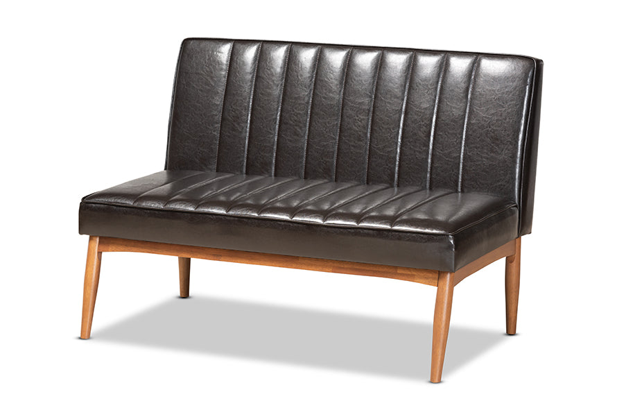 Baxton Studio Daymond Mid-Century Modern Dark Brown Faux Leather Upholstered and Walnut Brown Finished Wood 3-Piece Dining Nook Set | Dining Sets | Modishstore - 5