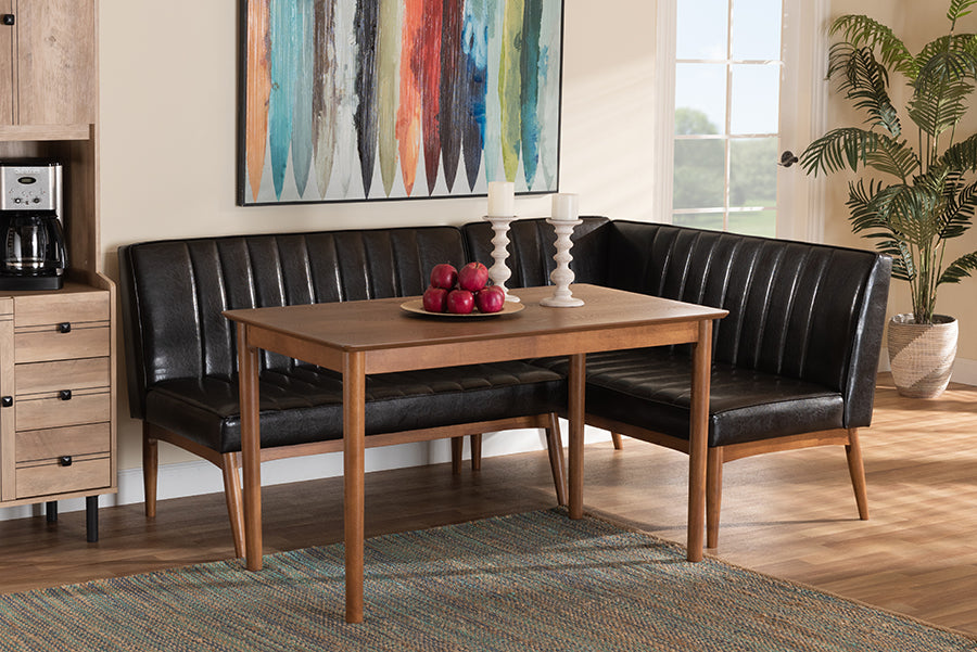 Baxton Studio Daymond Mid-Century Modern Dark Brown Faux Leather Upholstered and Walnut Brown Finished Wood 3-Piece Dining Nook Set | Dining Sets | Modishstore
