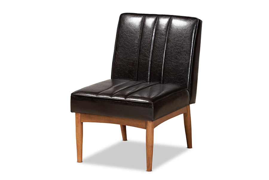 Baxton Studio Daymond Mid-Century Modern Dark Brown Faux Leather Upholstered and Walnut Brown Finished Wood Dining Chair | Modishstore | Dining Chairs - 4