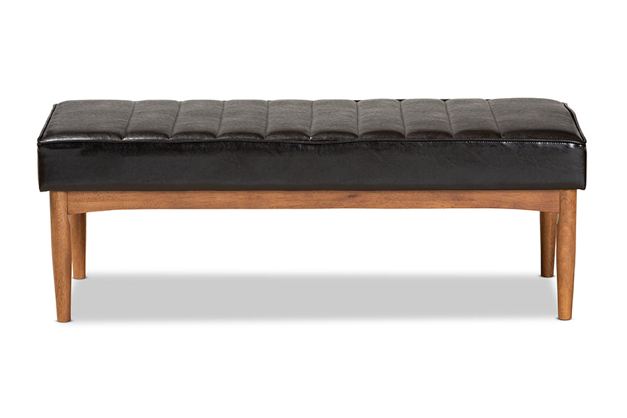 baxton studio daymond mid century modern dark brown faux leather upholstered and walnut brown finished wood dining bench | Modish Furniture Store-3
