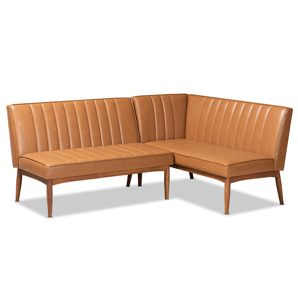 Baxton Studio Daymond Mid-Century Modern Tan Faux Leather Upholstered and Walnut Brown Finished Wood 2-Piece Dining Nook Banquette Set | Dining Sets | Modishstore - 2