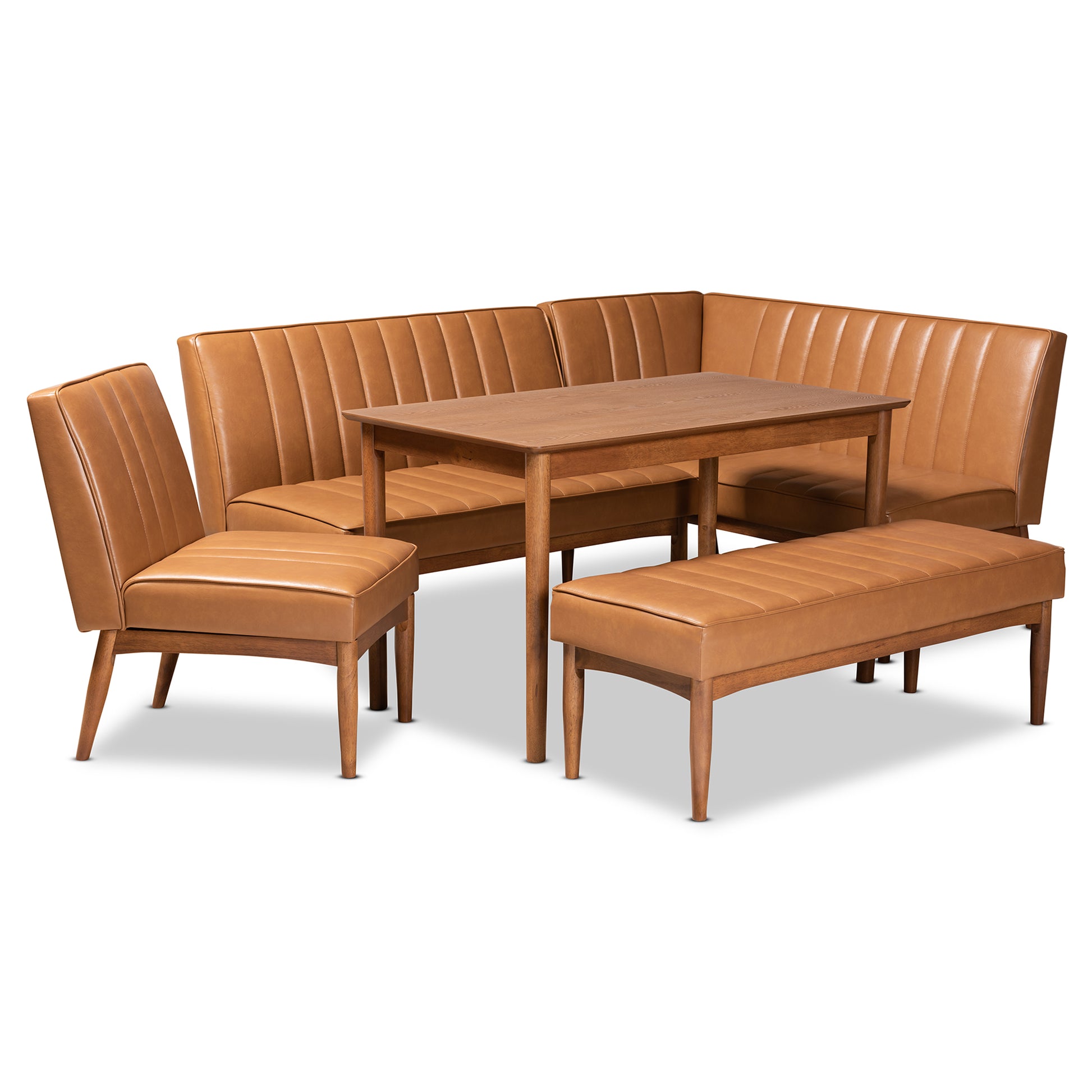 Baxton Studio Daymond Mid-Century Modern Tan Faux Leather Upholstered and Walnut Brown Finished Wood 5-Piece Dining Nook Set | Dining Sets | Modishstore - 2