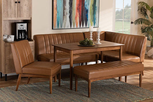 Baxton Studio Daymond Mid-Century Modern Tan Faux Leather Upholstered and Walnut Brown Finished Wood 5-Piece Dining Nook Set | Dining Sets | Modishstore