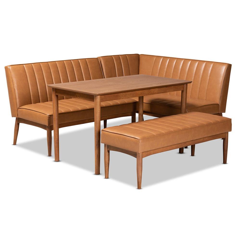 Baxton Studio Daymond Mid-Century Modern Tan Faux Leather Upholstered and Walnut Brown Finished Wood 4-Piece Dining Nook Set | Dining Sets | Modishstore - 2