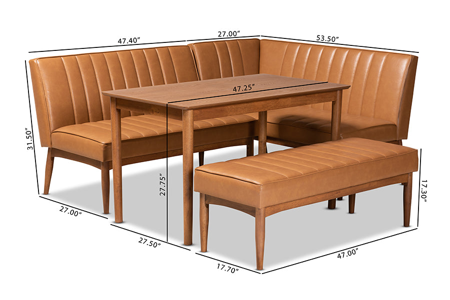 Baxton Studio Daymond Mid-Century Modern Tan Faux Leather Upholstered and Walnut Brown Finished Wood 4-Piece Dining Nook Set | Dining Sets | Modishstore - 4