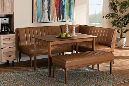 Baxton Studio Daymond Mid-Century Modern Tan Faux Leather Upholstered and Walnut Brown Finished Wood 4-Piece Dining Nook Set | Dining Sets | Modishstore