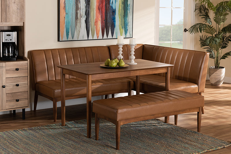Baxton Studio Daymond Mid-Century Modern Tan Faux Leather Upholstered and Walnut Brown Finished Wood 4-Piece Dining Nook Set | Dining Sets | Modishstore