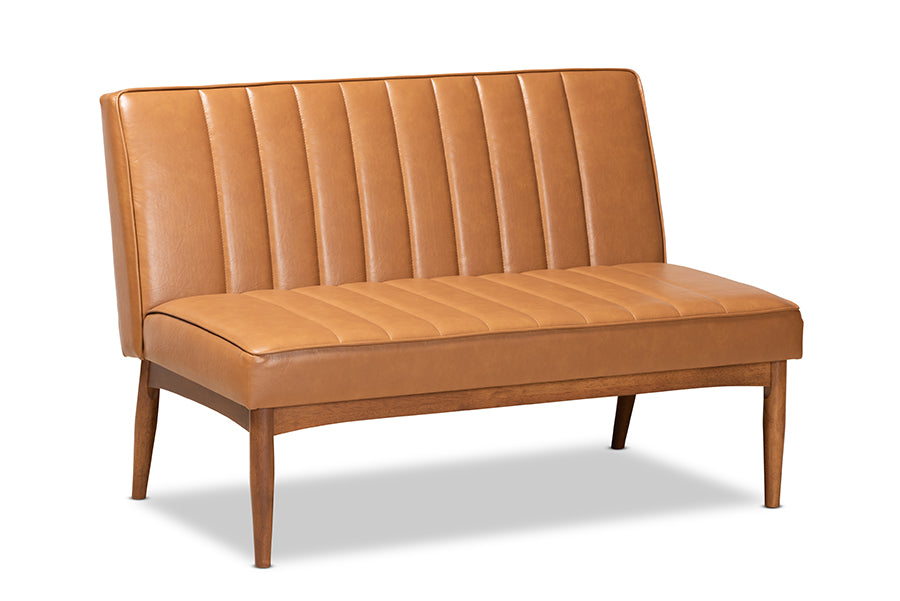 Baxton Studio Daymond Mid-Century Modern Tan Faux Leather Upholstered and Walnut Brown Finished Wood 2-Piece Dining Nook Banquette Set | Dining Sets | Modishstore - 6