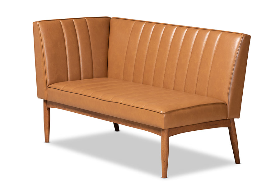 Baxton Studio Daymond Mid-Century Modern Tan Faux Leather Upholstered and Walnut Brown Finished Wood 2-Piece Dining Nook Banquette Set | Dining Sets | Modishstore - 5