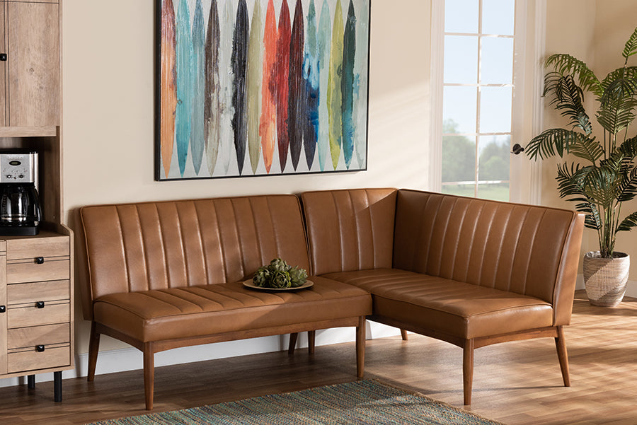 Baxton Studio Daymond Mid-Century Modern Tan Faux Leather Upholstered and Walnut Brown Finished Wood 2-Piece Dining Nook Banquette Set | Dining Sets | Modishstore