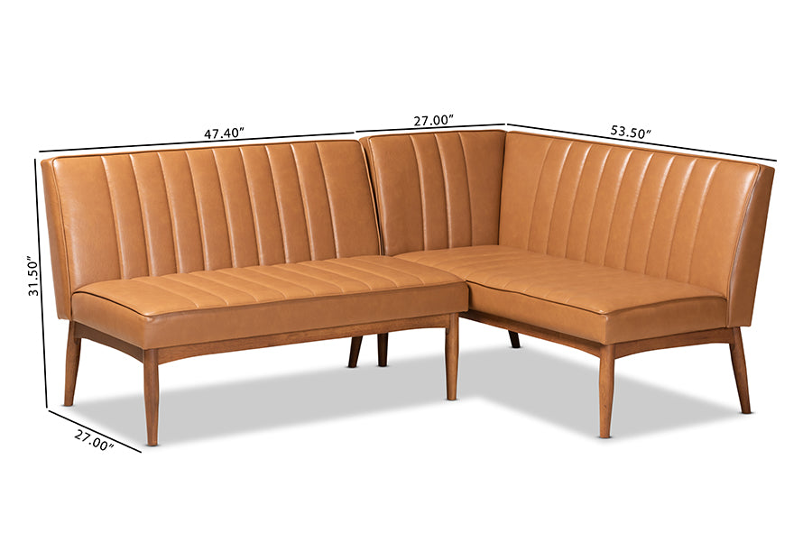 Baxton Studio Daymond Mid-Century Modern Tan Faux Leather Upholstered and Walnut Brown Finished Wood 2-Piece Dining Nook Banquette Set | Dining Sets | Modishstore - 7