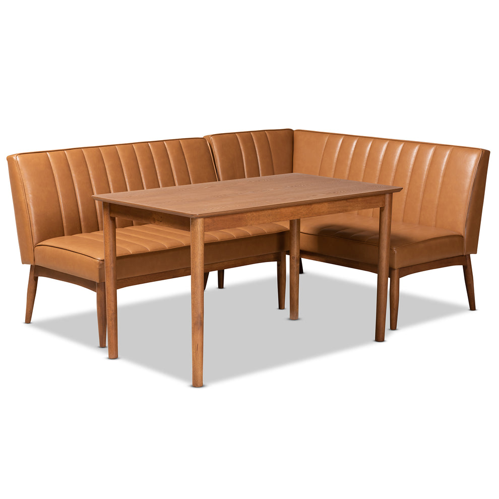 Baxton Studio Daymond Mid-Century Modern Tan Faux Leather Upholstered and Walnut Brown Finished Wood 3-Piece Dining Nook Set | Dining Sets | Modishstore - 2
