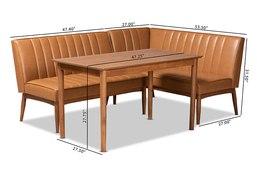 Baxton Studio Daymond Mid-Century Modern Tan Faux Leather Upholstered and Walnut Brown Finished Wood 3-Piece Dining Nook Set | Dining Sets | Modishstore - 3
